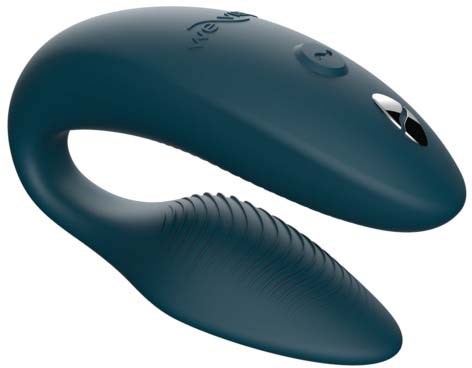Een donkerblauwe draagbare nekmassage met knoppen en een ergonomisch ontwerp voor comfort.