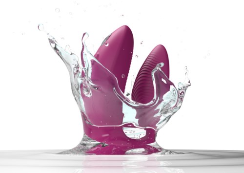 Pink oval objects splash into water, creating a big splash with water flying around.
