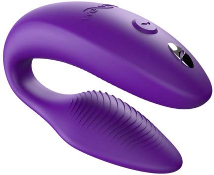 Een paarse, gekromde massager met knoppen bovenop en een geribbelde grip.