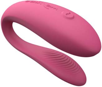 Een roze, gebogen, glad volwassenenspeeltje met bedieningsknoppen, ontworpen voor comfort en plezier.