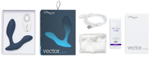 Ein Sexspielzeug-Set mit einem gekrümmten Gerät, Ladekabel, Gleitmittel, Stoffbeutel und Anleitung.