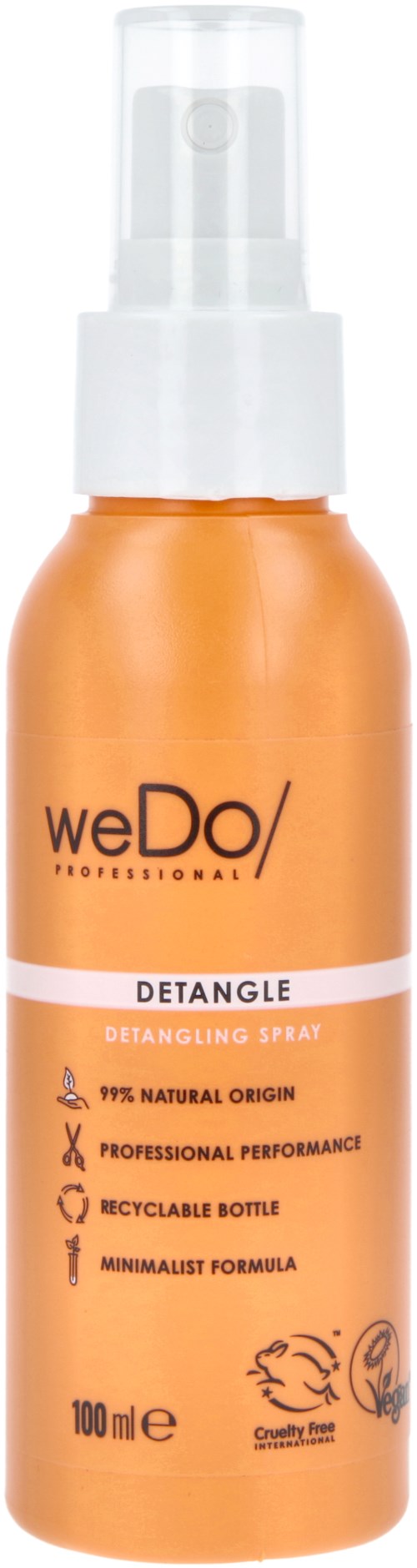 Oransje sprayflaske merket 'weDo Detangle' for hår, naturlig, profesjonell, miljøvennlig, 100 ml.