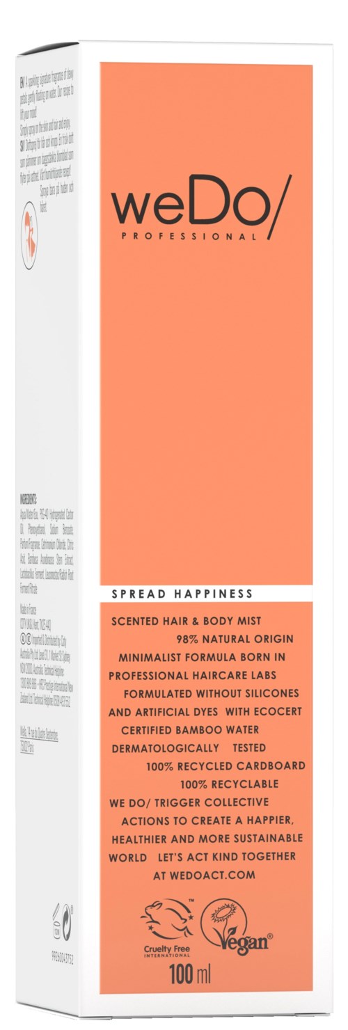 En pakke for hår- og kroppsspray, hovedsakelig oransje med svart og hvit tekst, logo sier "weDo".