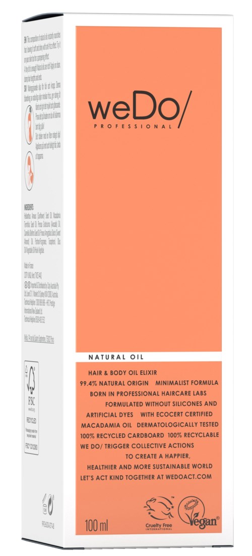 Dette er en emballasje for en naturlig olje for hår og kropp, fra weDo, med oransje og hvit pakningsdesign.