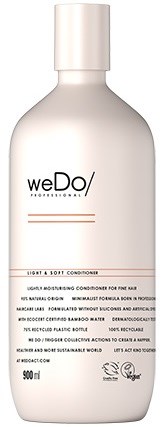 Hvit flaske med svart og oransje tekst, merket 'weDo', inneholder balsam for glatt hår.