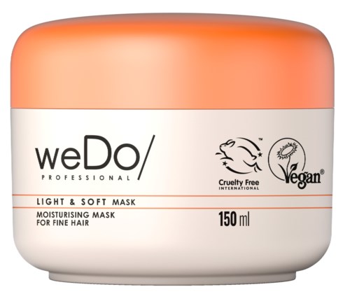 En kremboks merket weDo Professional light and soft mask for fine hair, 150 ml, dyrevennlig og vegansk.