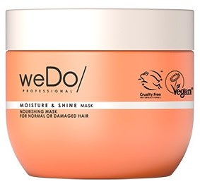 Kremboks merket 'weDo' for hårpleie, med ikoner for cruelty-free og vegan, med fokus på fukt og glans.