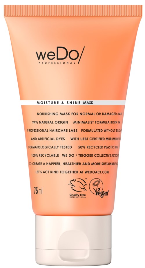 Eine pfirsichfarbene Tube mit WeDo Professional Moisture & Shine Mask für Haare, mit Produktdetails und Zertifizierungen auf dem Etikett.