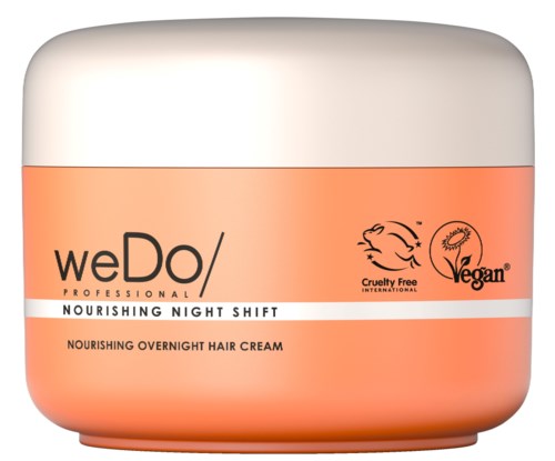 En boks med nærende nattkrem for hår fra weDo/Professional med merker for cruelty-free og vegansk.