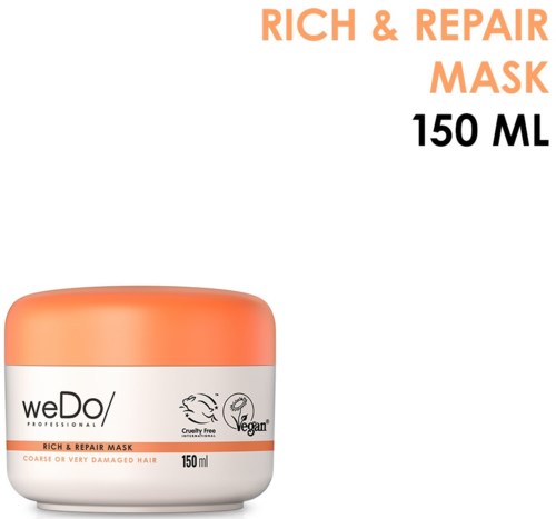 En burk märkt 'Rich & Repair Mask' för skadat hår, med vegan- och cruelty-free-symboler, 150 ml.