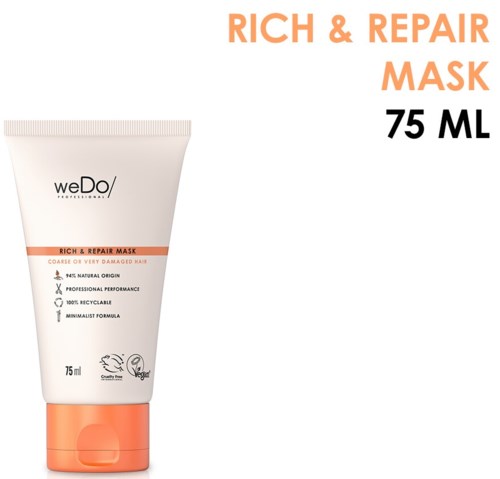 En hvit tube med WeDo hårmaske med oransje lokk og etikett som sier 'Rich & Repair Mask 75 ML'.