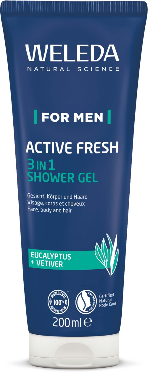 A blue tube of Weleda men's shower gel labeled 'Active Fresh,' with eucalyptus and vetiver ingredients, 200 ml size.