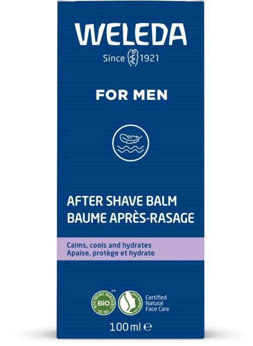 A blue box of Weleda men's after shave balm, with text and icons, promoting calming and hydrating effects.