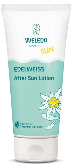 En tub med Weleda Edelweiss After Sun Lotion med en kamomillblomma och solskyddsetikett.