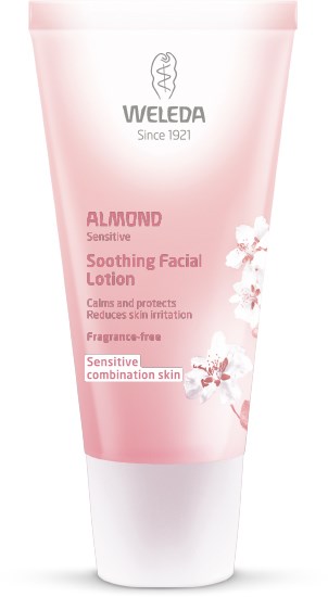 En rosa tub med Weleda Almond Sensitive Skonsam Ansiktslotion för känslig hud, lugnande, skyddande, med blommor.