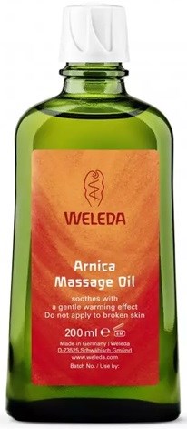 Grön flaska med orange etikett, säger Weleda Arnica Massage Oil för att lugna muskler, 200 ml, Tyskland.