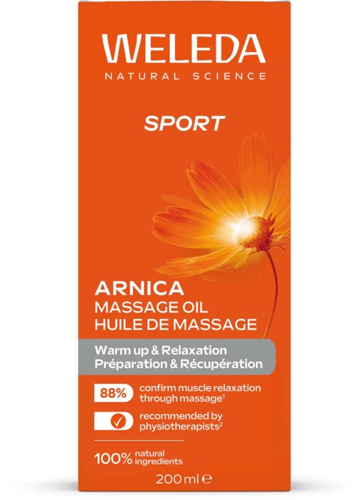 Weleda Arnica massageolie emballage med orange baggrund og blomst, fremhæver naturlige ingredienser og lindrer muskelsmerter.