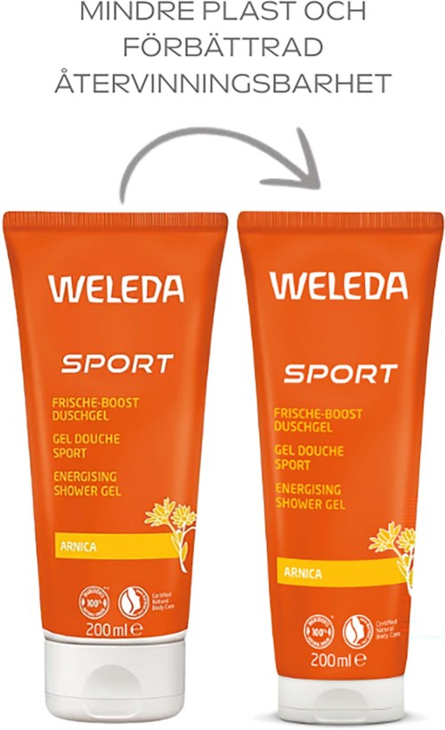 Två orange tuber av Weleda Sport duschgel med etiketter och en notis om återvinning och miljövänlighet.