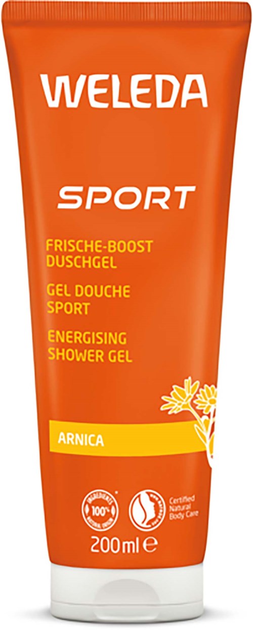 En ljusorange tub med Weleda Sport duschgel med Arnica, 200ml, för energigivande användning efter träning.