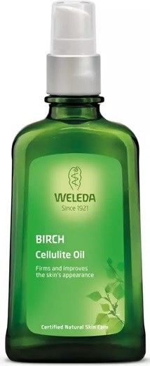 Green bottle of Weleda Birch Cellulite Oil with a white pump cap, labeled for skin firming and improving appearance.