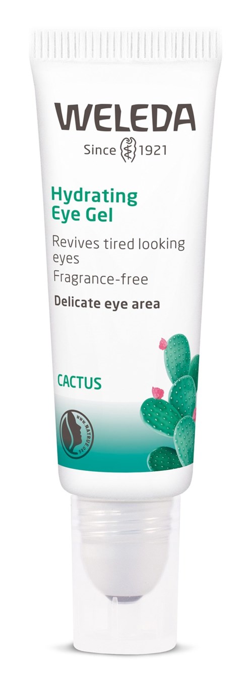 En vit tub med Weleda Hydrating Eye Gel med kaktusillustration och gröna text, för trötta ögons lindring.