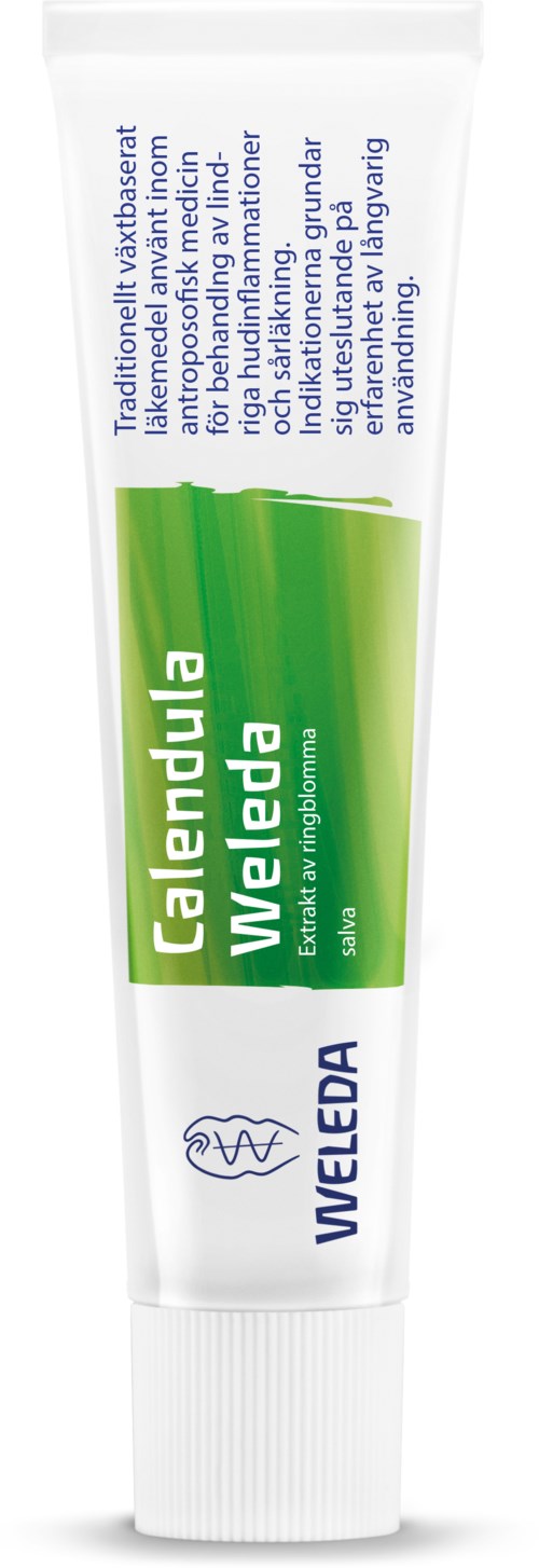 En vit tub med tandkräm med gröna och blå etiketter, kallad Calendula Wipada, från Weleda. Den har text om traditionell medicinsk användning.