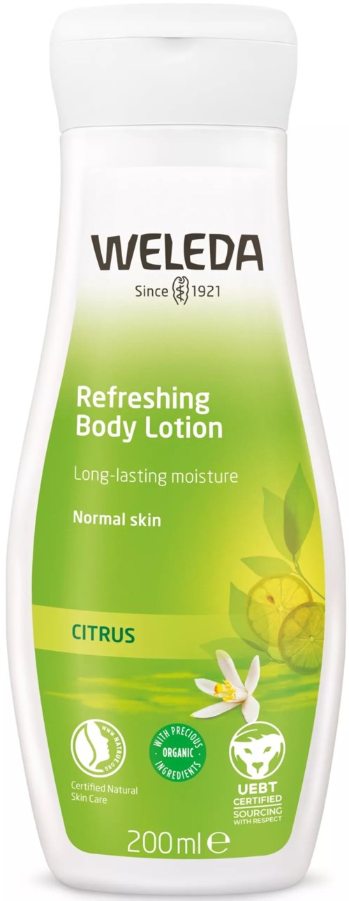 Valkoinen ja vihreä Weleda Citrus Refreshing Body Lotion -pullo, jossa sitrushedelmiä ja valkoinen kukka.