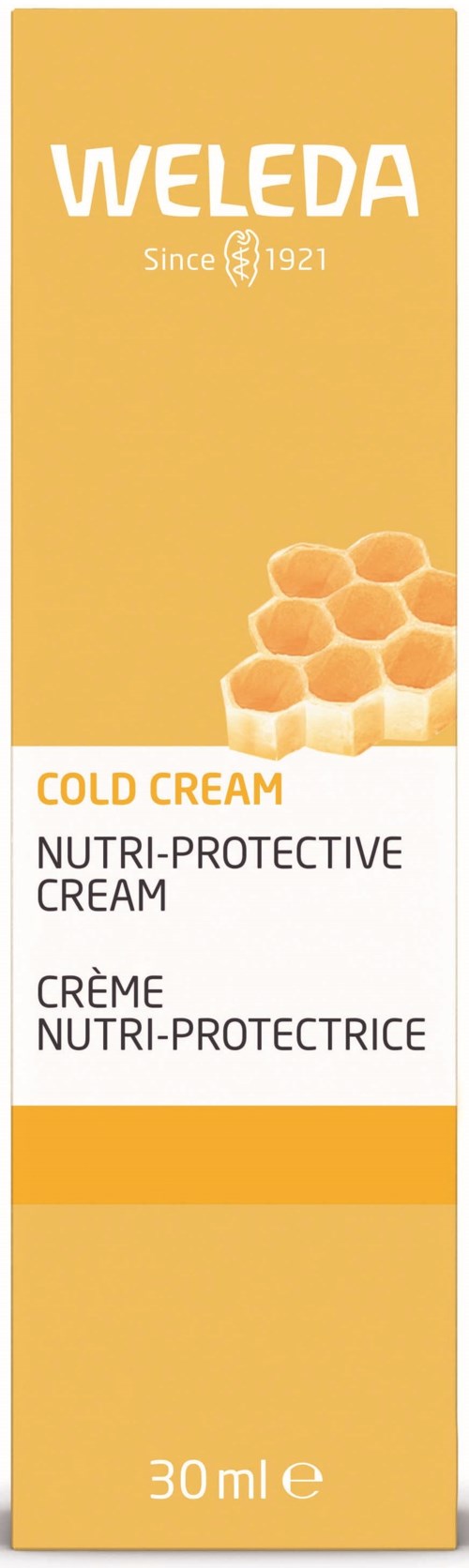 Ein hoher, gelber Karton mit Weleda-Logo und Honigwabenbild, bewirbt Nutri-Protective Cream, 30 ml.