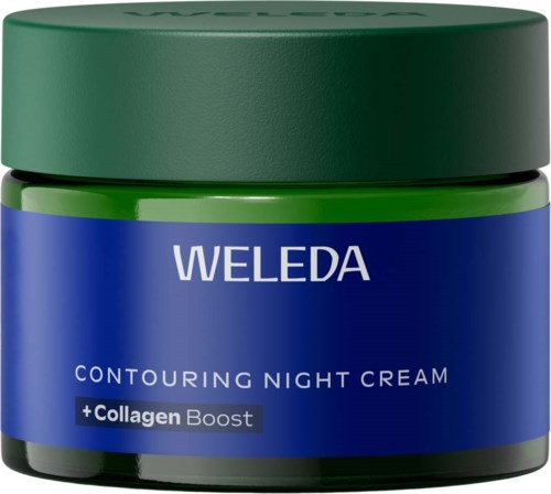 En burk med Weleda nattkräm för contouring med kollagenboost, grön lock och blå etikett.