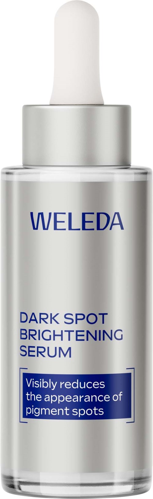 A clear bottle with a white dropper cap, labeled Weleda Dark Spot Brightening Serum, claims to reduce pigment spots.