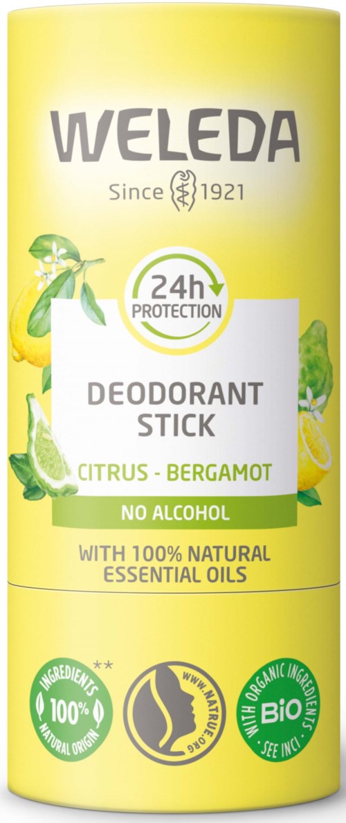 Gul deodorantstift med sitrus og bergamot, sier '24t beskyttelse', 'ingen alkohol' og '100 % naturlige essensielle oljer'.