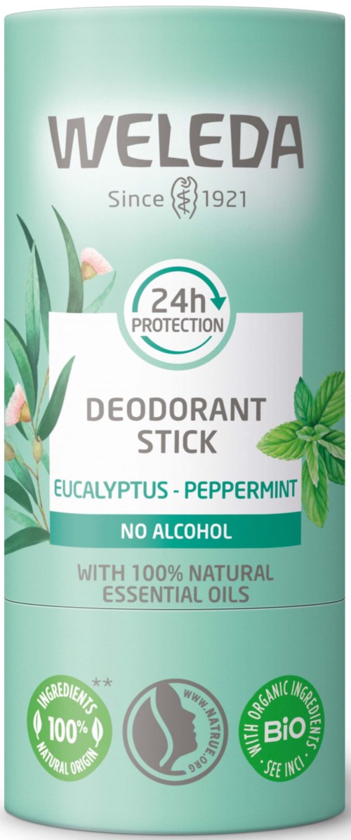 Vihreä deodoranttiivistipakkaus, sisältää luonnollisia ainesosia ja piparminttu tuoksu, tarjoaa 24 tunnin suojan ilman alkoholia.