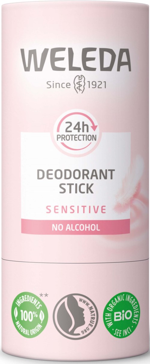 En rosa deodorantstiftemballasje med merkevaren Weleda, med fokus på 24-timers beskyttelse, sensitiv hud, uten alkohol og naturlige ingredienser.