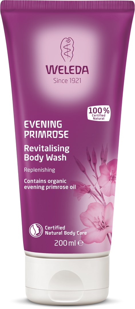 En lila tub med Weleda Evening Primrose duschgel med blommönster och produktdetaljer på framsidan.