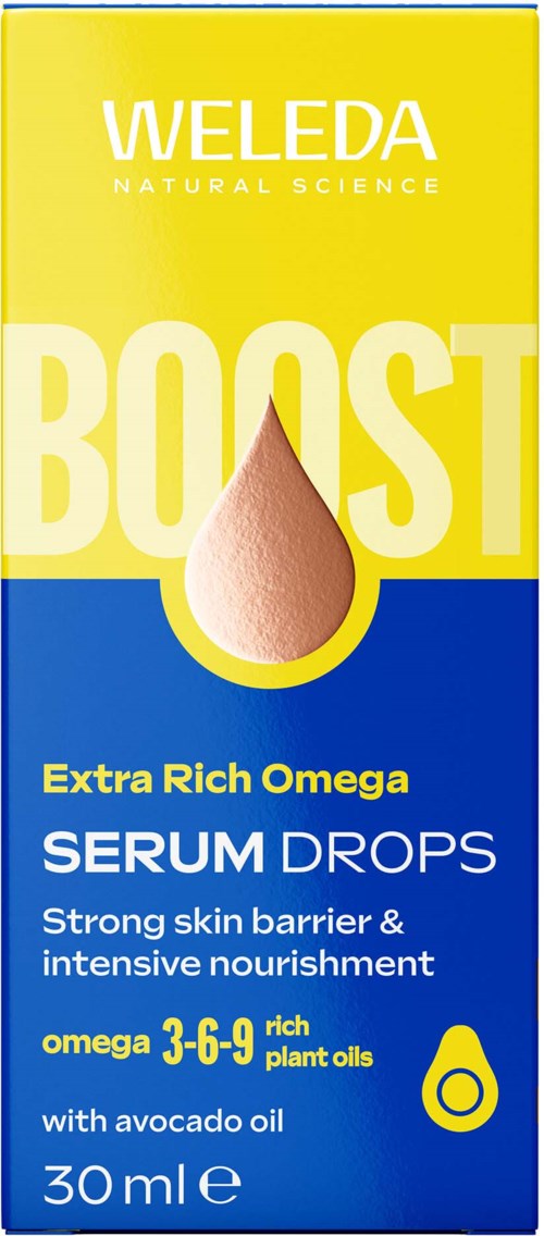 En låda med Weleda Boost serumdroppar med gul- och blådesign, visar en droppillustration och produktdetaljer.