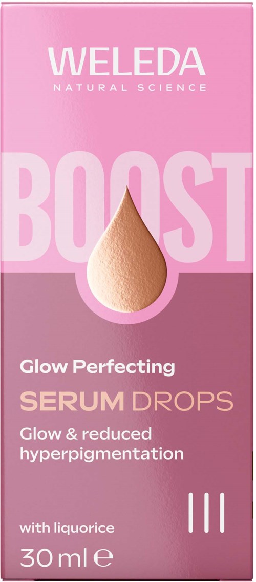 Roze doos met druppelvorm en tekst over glow serum drops tegen hyperpigmentatie. Merk is Weleda.