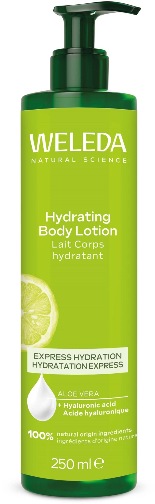 Grön flaska med Weleda Hydrating Body Lotion med citron och aloe vera, 250 ml, för återfuktning av huden.