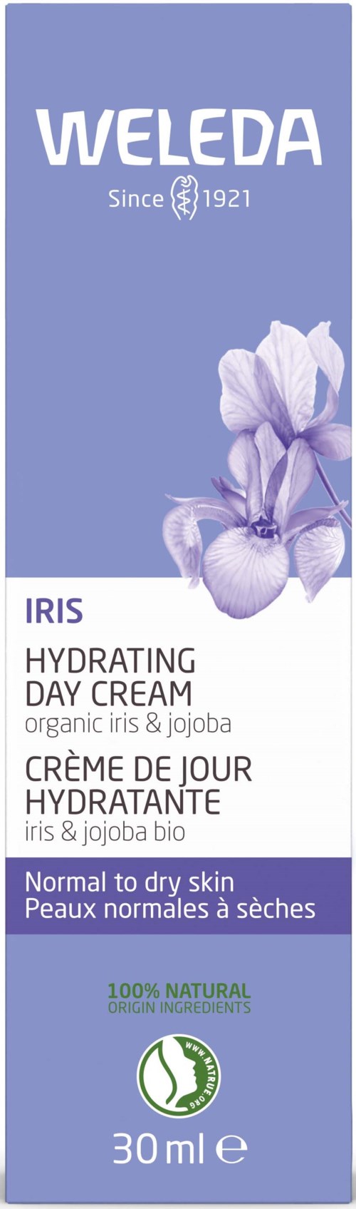 A light purple bottle label for Weleda Iris Hydrating Day Cream, featuring an iris flower and text about its qualities.