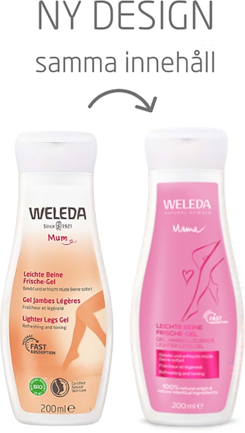 Två flaskor med Weleda lätt ben gel i vitt och rosa, med text som beskriver deras användning för benen.