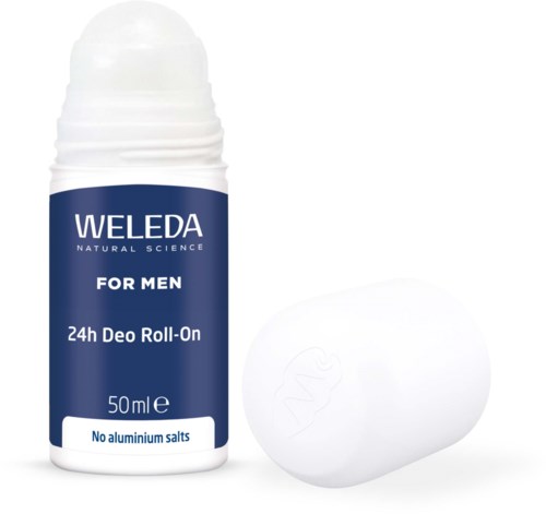 Witte deodorantpoft en dop met blauw en wit label voor Weleda 24h Deo Roll-On voor mannen, 50ml.
