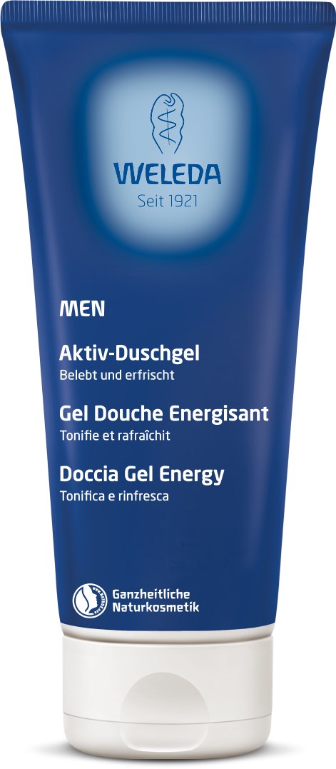 Blue tube with Weleda logo, describes energizing shower gel for men, with text in multiple languages.