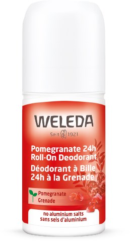 En vit rullande deodorantflaska med röd etikett, visar varumärket Weleda, doft av granatäpple och 24 timmars skydd.