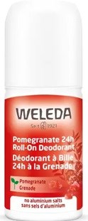 Bilden visar en Weleda deodorant med en röd och vit etikett som nämner granatäpple och 24-timmars skydd.