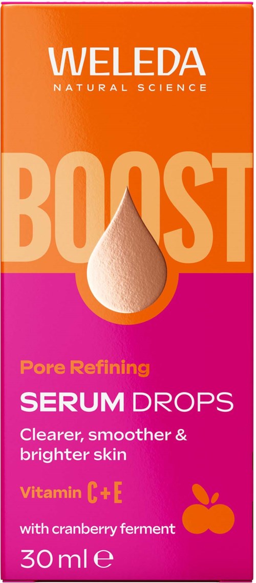 En låda i orange och magenta färger, visar en droppe serum och främjar klarare, ljusare hud med vitaminer.
