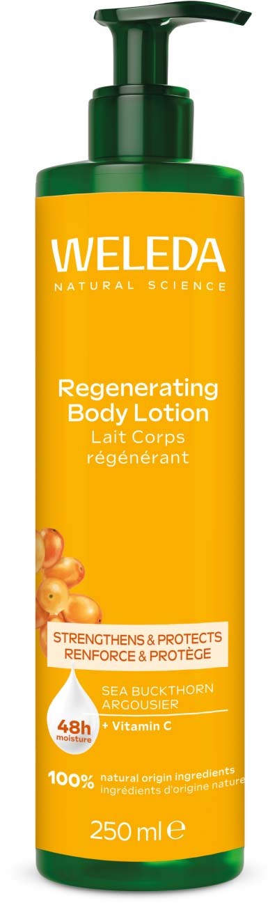 A yellow body lotion bottle with green cap and pump. It is Weleda Rejuvenating Body Lotion with sea buckthorn.