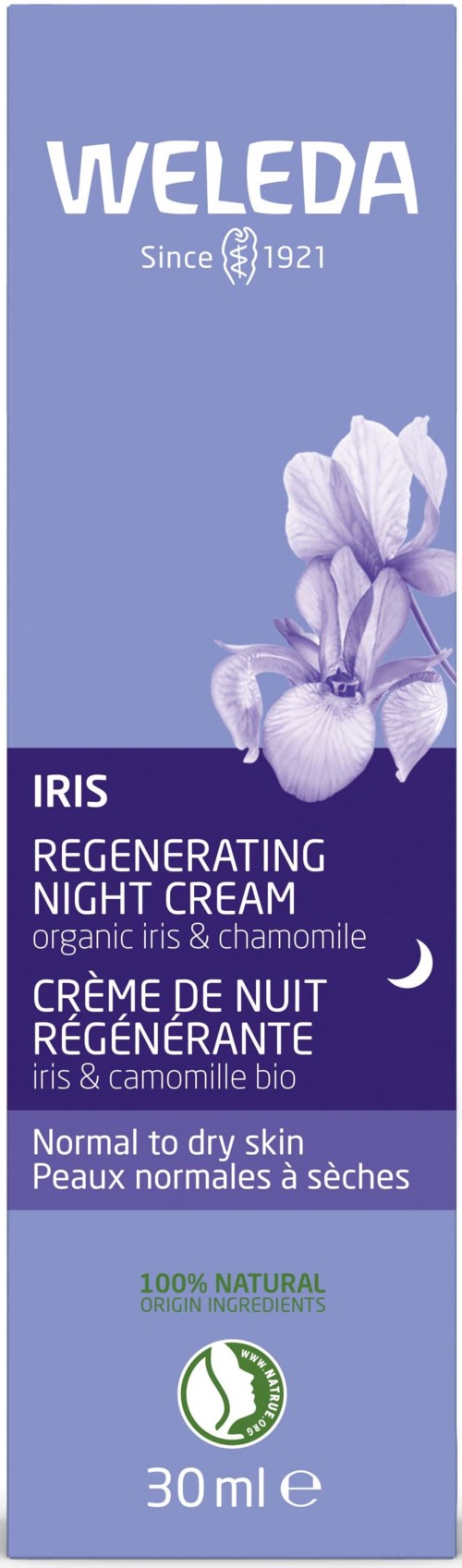 A purple and light purple box promoting Weleda Iris Night Cream, with an iris flower and information about the product.