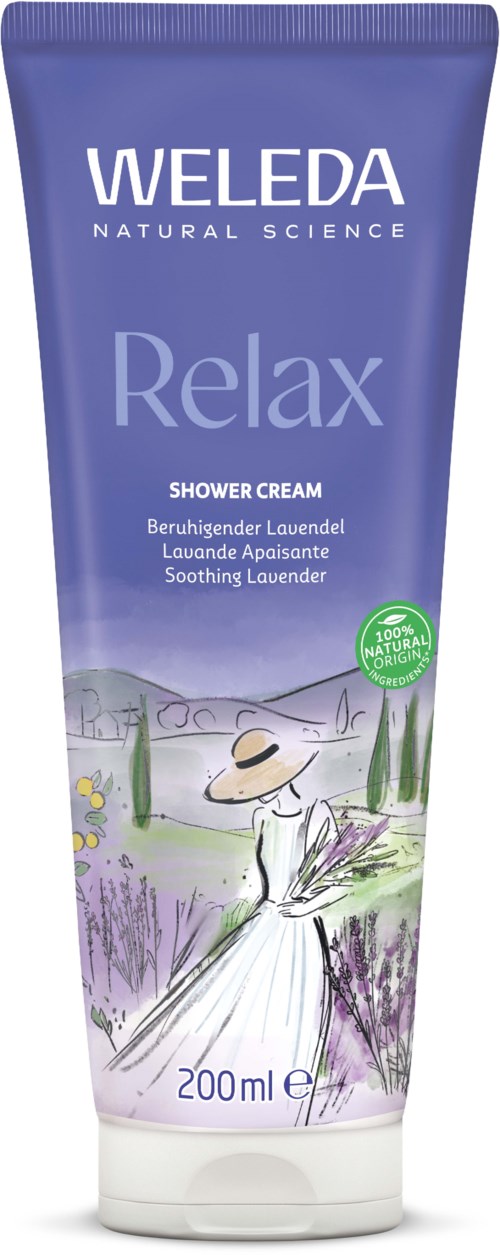 A purple tube of Weleda Relax shower cream with lavender illustration and a green natural ingredients label.