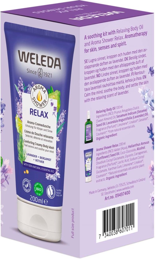 A box with lavender-colored design and text, showing a WELEDA Relax body oil with lavender and bergamot ingredients.