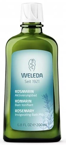 A green bottle labeled Weleda rosemary bath milk with a white cap and blue front label.