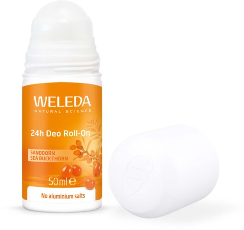 Weleda Deo Roll-On mit natürlichen Inhaltsstoffen ohne Aluminiumsalze, mit Sanddorn und See-Buckthorn. Enthält eine weiße Seife.